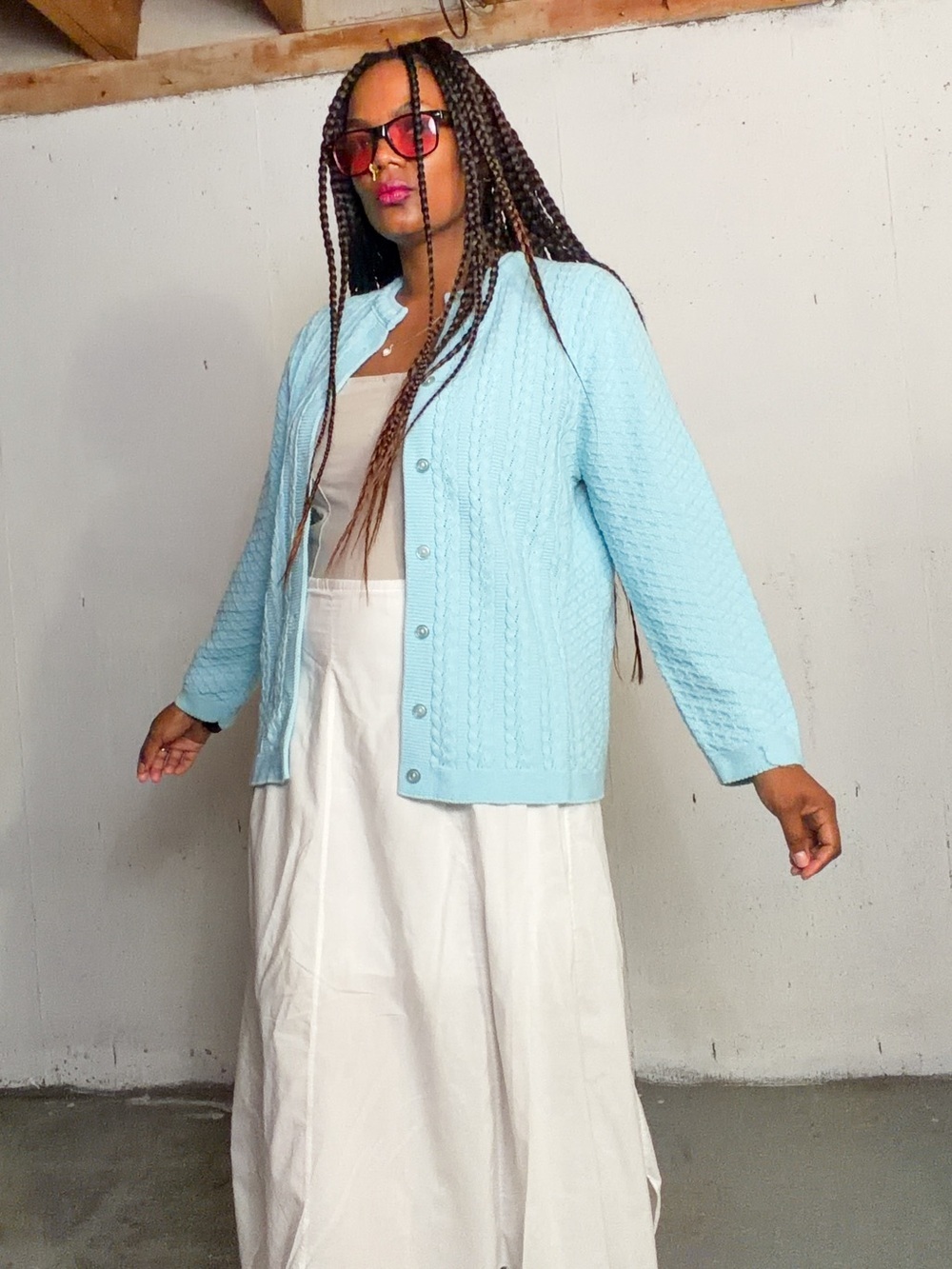 Vintage Light Blue Cable-Knit Button Cardigan, fits M/L - Picture 4 of 10
